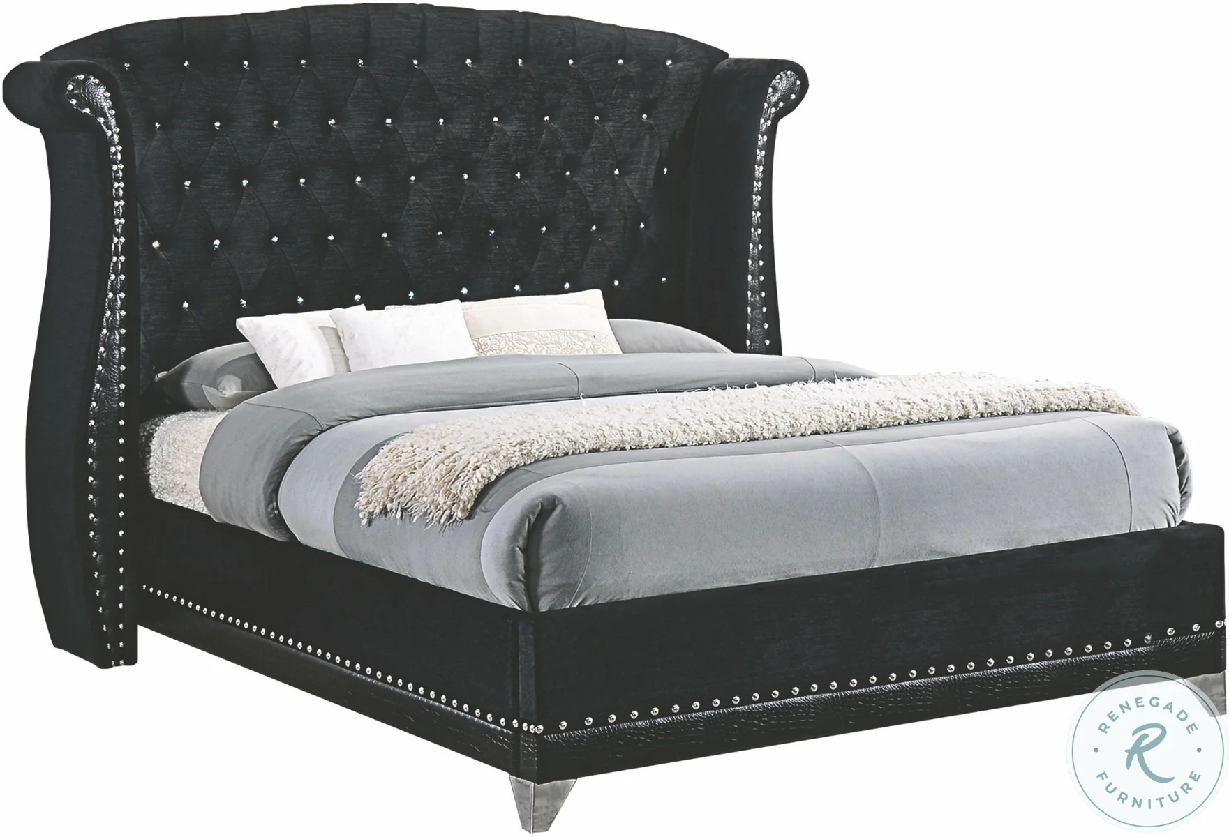 Barzini Black Velvet Bed - Nailhead Trim - Image 3