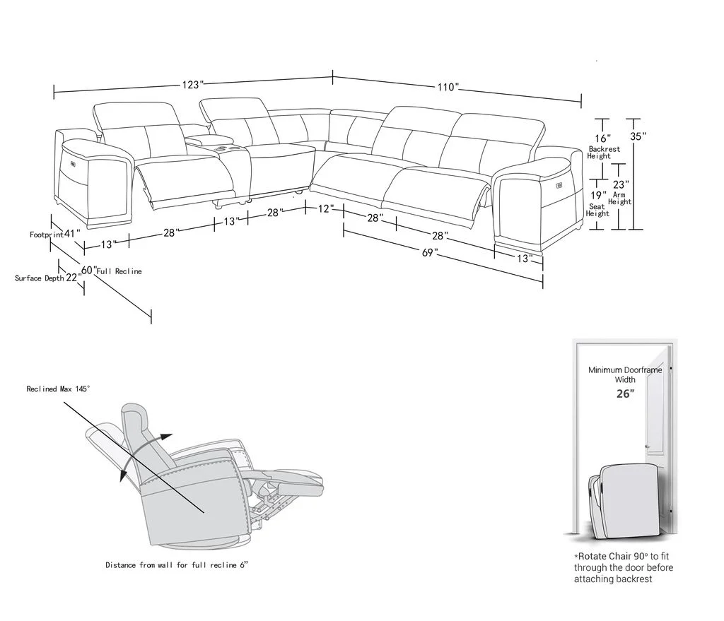 Global 9762 Genoa 6 Pc Power Sectional - Light Grey - Image 14