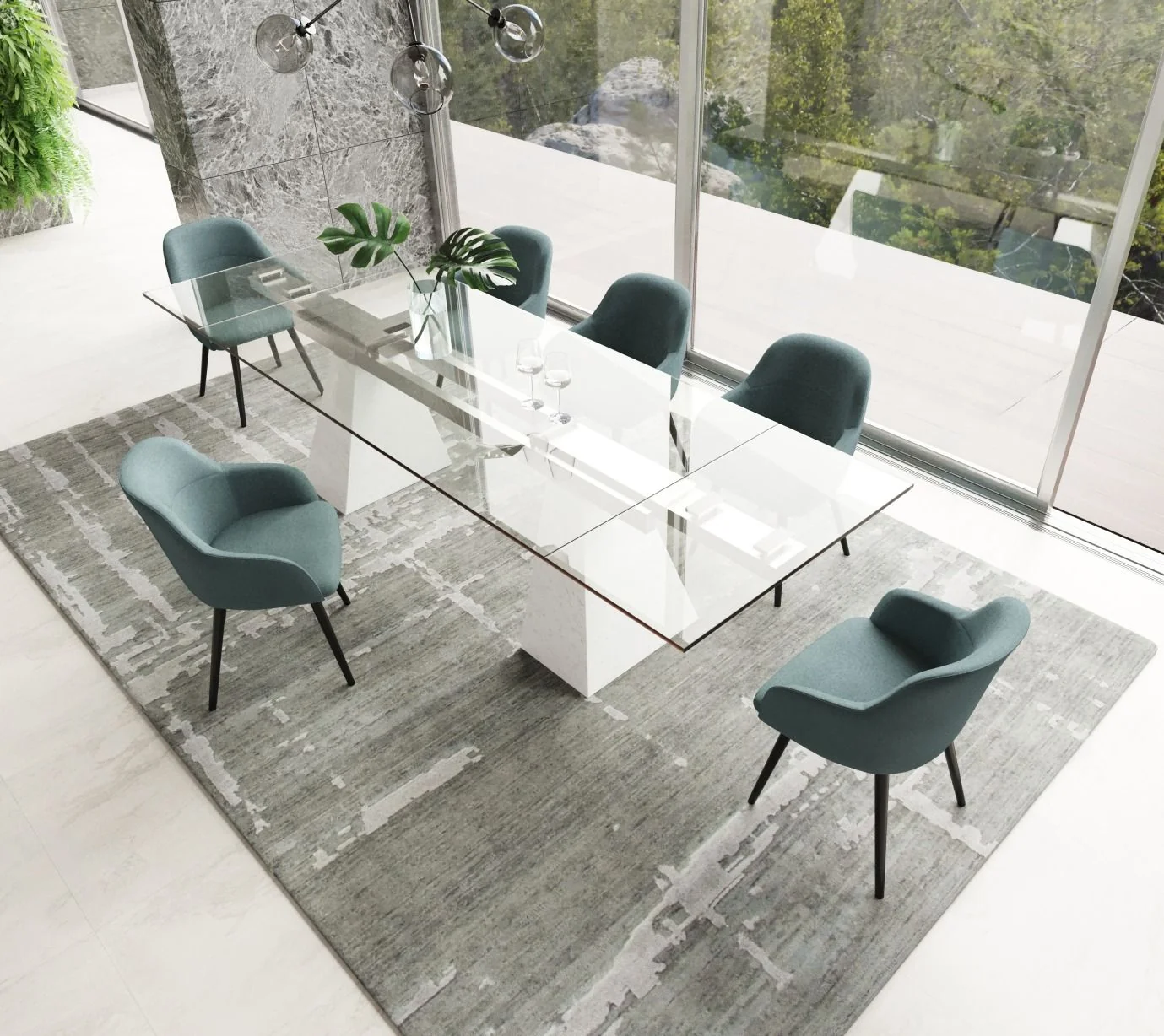Latrobe Modern Extendable Quartz Stone & Glass Dining Set - Image 2