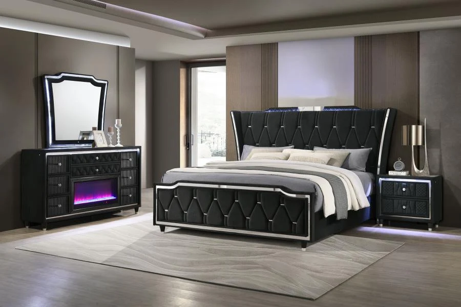 Lorient 4 Pc Black Velvet Bedroom Set w/Fireplace Dresser