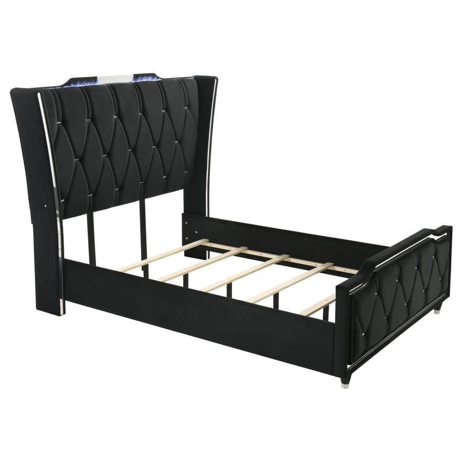 Lorient 4 Pc Black Velvet Bedroom Set w/Fireplace Dresser - Image 3