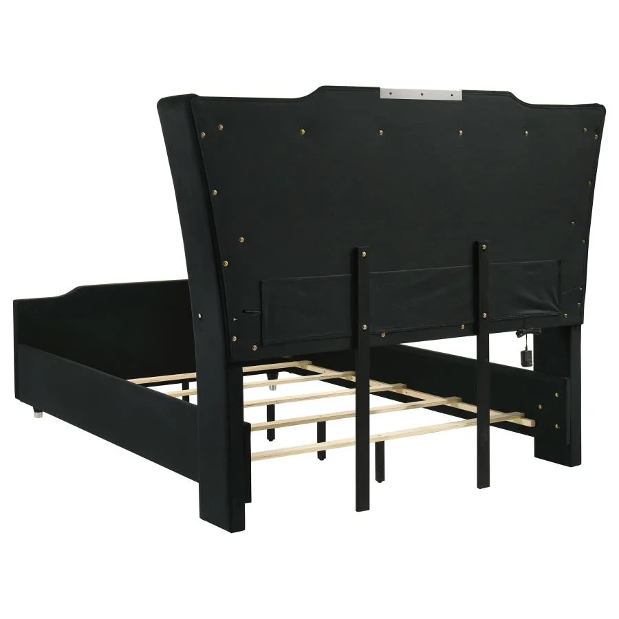 Lorient 4 Pc Black Velvet Bedroom Set w/Fireplace Dresser - Image 5