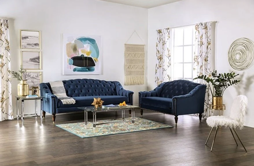 Martinique Sofa & Loveseat Blue Velvet - Made in USA - Image 5