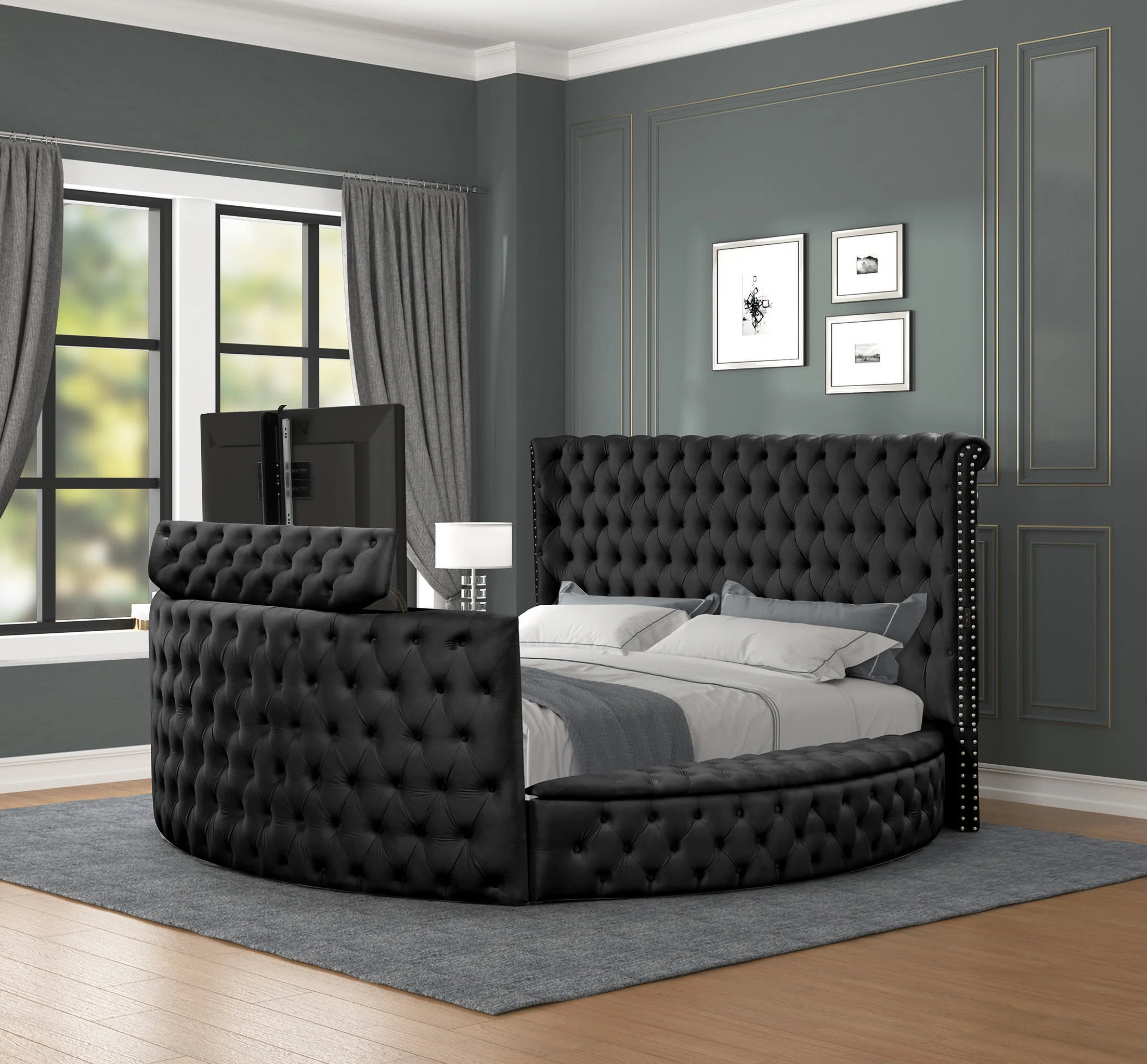 Maya Velvet Upholstered Bed Built in TV Stand - Image 2