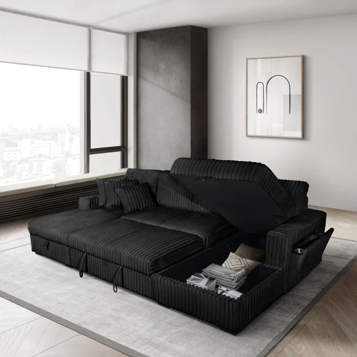 Milton Green Corduroy U-Shaped Pull Out Sectional - Image 7