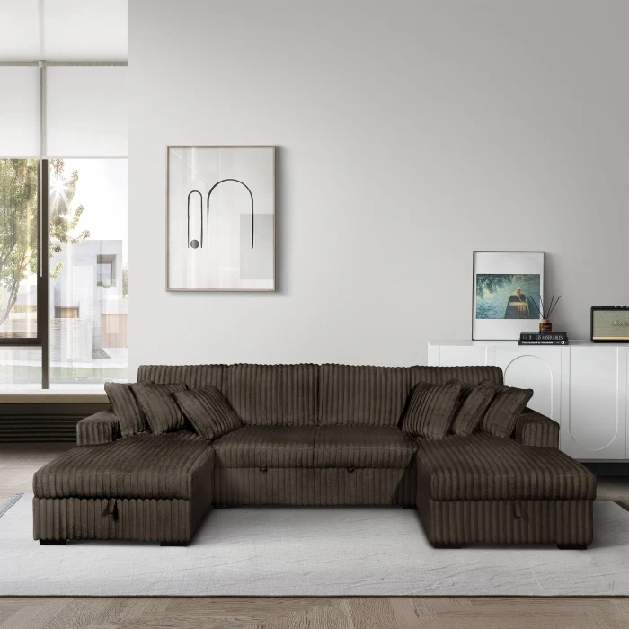 Milton Green Corduroy U-Shaped Pull Out Sectional - Image 9