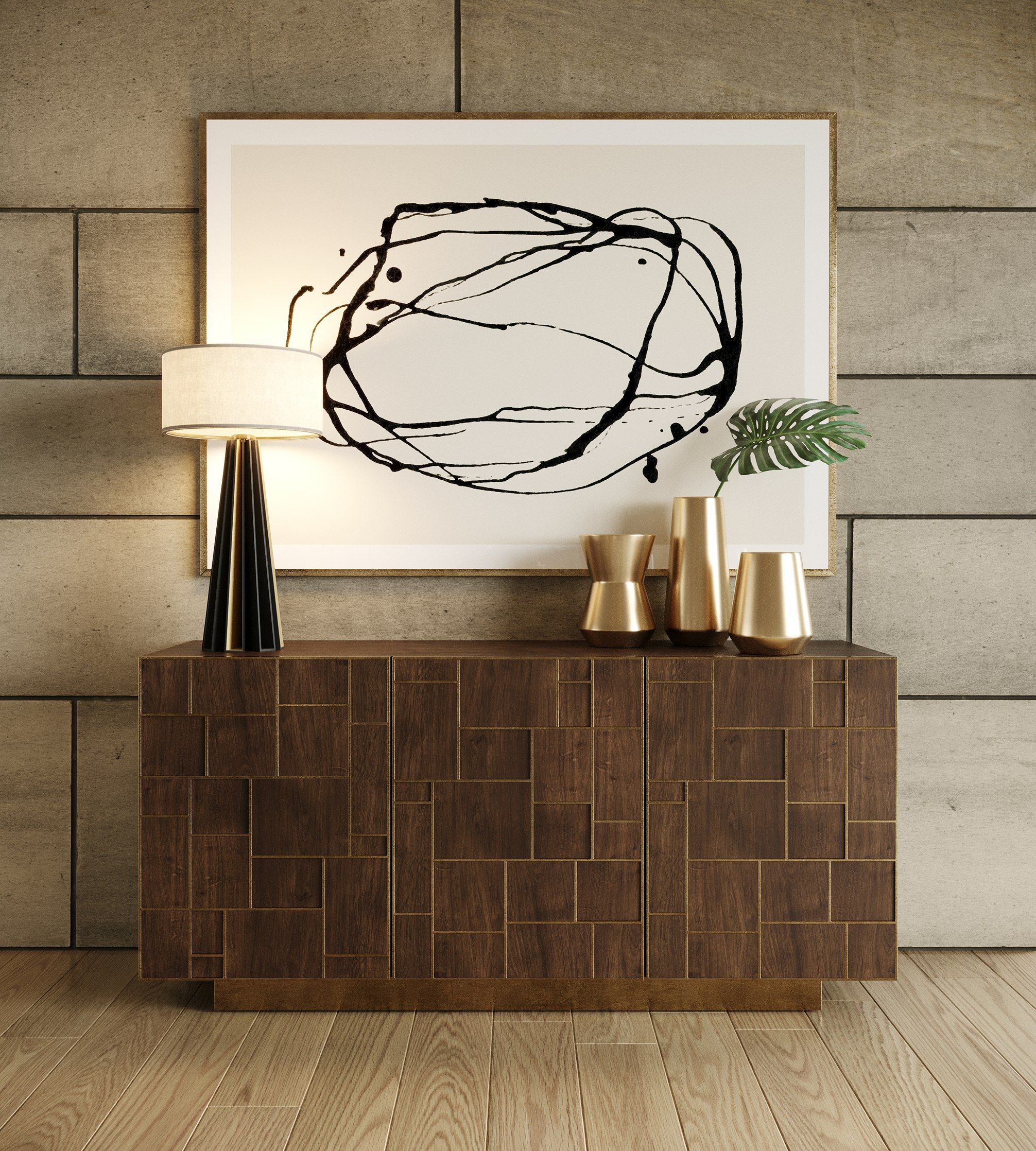 Modrest Auer- Brown Oak & Gold Buffet