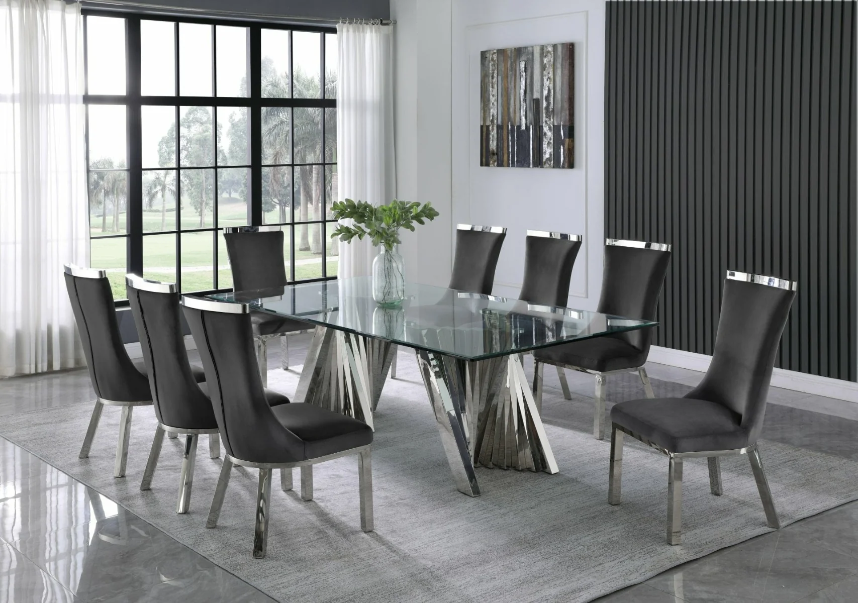 Morgan 9 Pc Glam Dining Set - Stainless Steel/Glass - Image 2