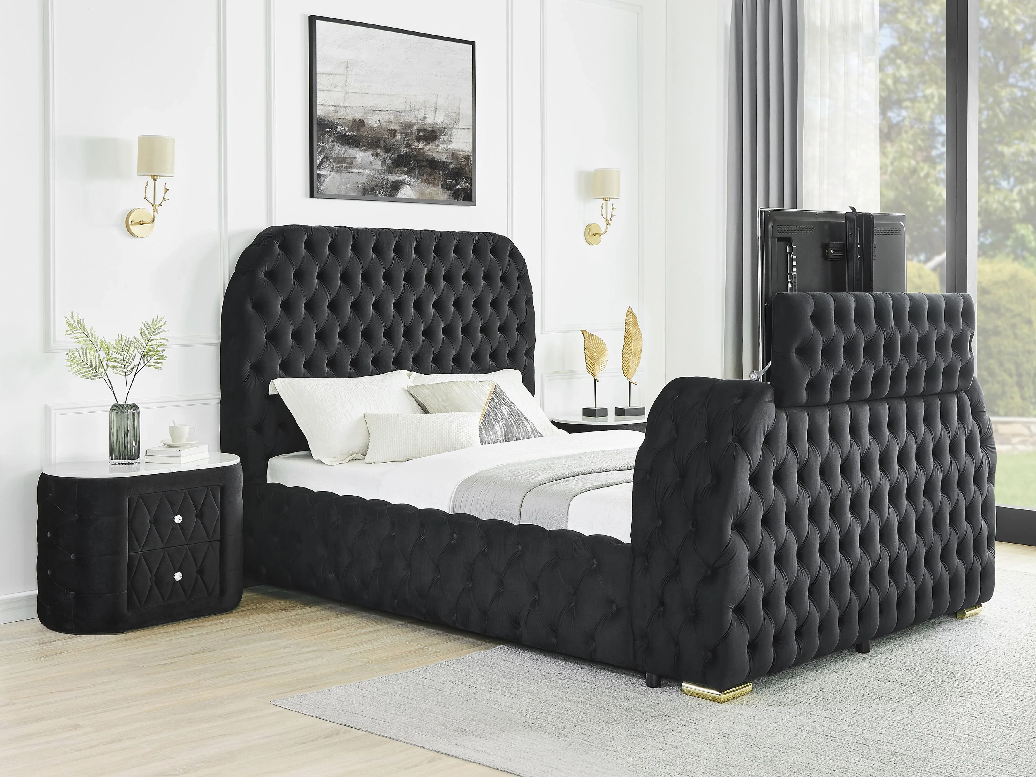 Natalia 5115BK Black Velvet Bed - Fireplace + TV Lift