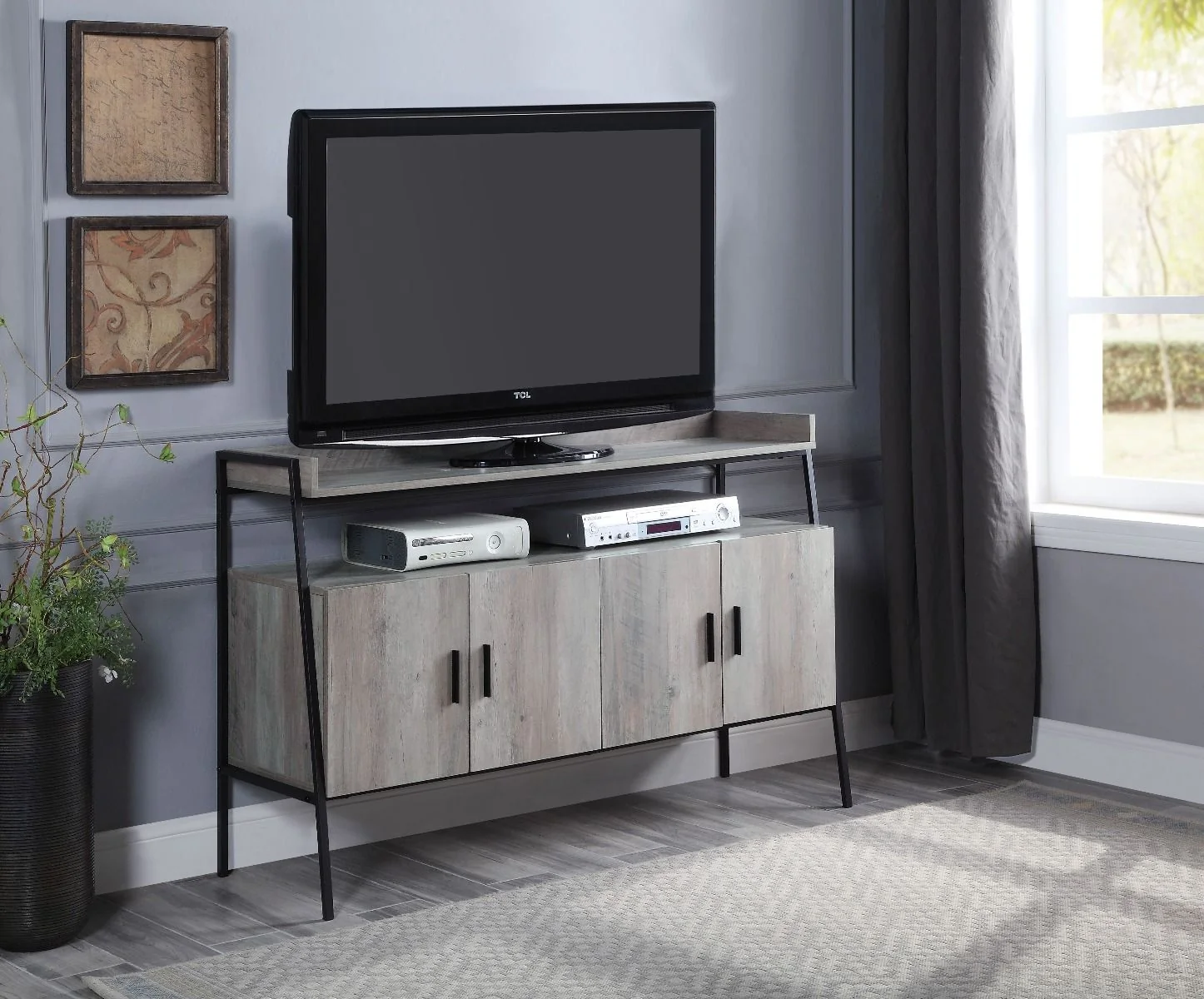Samiya TV Stand Gray Oak & Black Finish