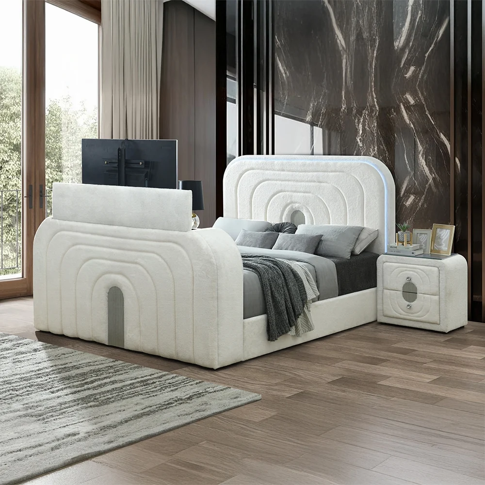 Shelyn Bed w/LED, TV Cabinet, Fireplace & Bluetooth