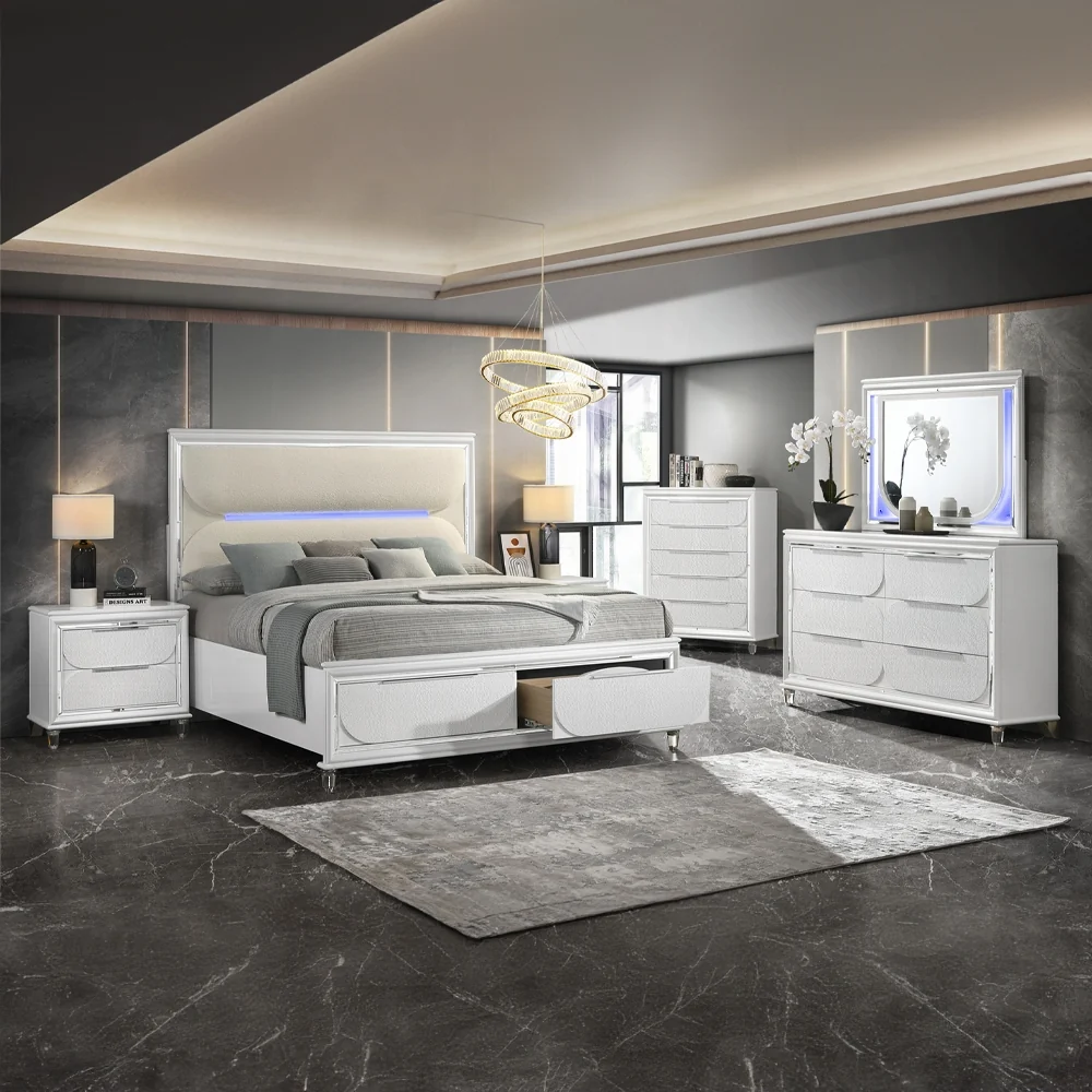 Tarian Boucle Bed & Pearl White Case Goods