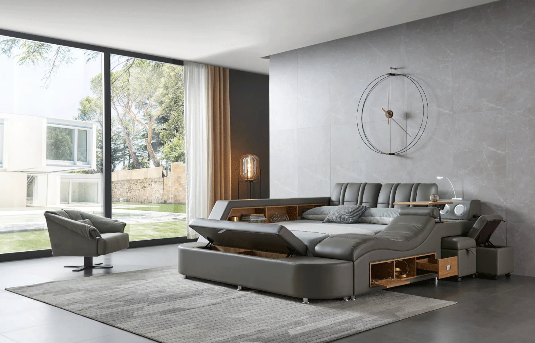 Tesla Grey Leather Bed by ESF - Many Features - Image 3