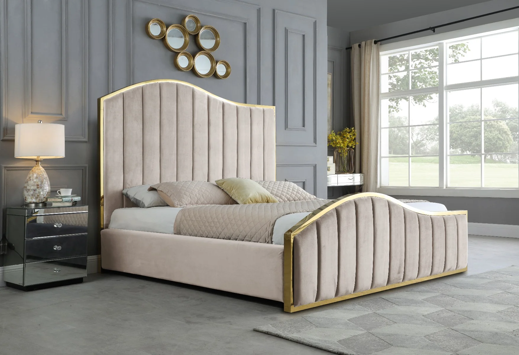 Tustin Platform Bed - Gold Accents - Gray or Beige - Image 3